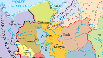 Polska w okresie najgłębszego rozbicia dzielnicowego (ok. 1250 r.).